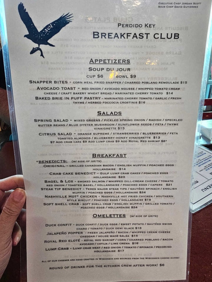Perdido Key Breakfast club menu with appetizers, salads, and breakfast items. 