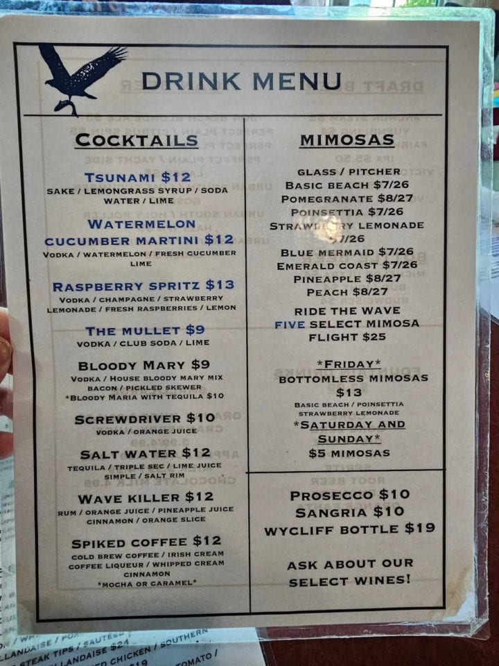 Perdido Key Breakfast Club drink menu with cocktails and mimosas 
