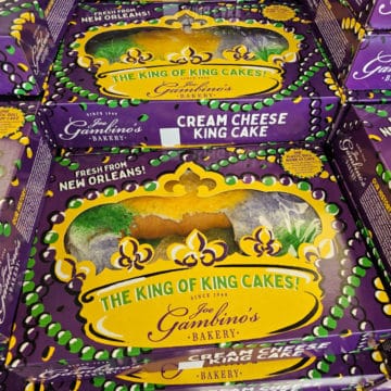 The King of King Cakes Joe Gambino's Bakery box with king cake inside