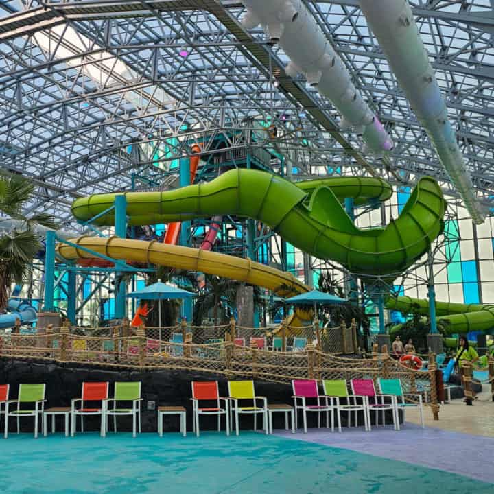 large green waterslide above a yellow slide under a glass roof