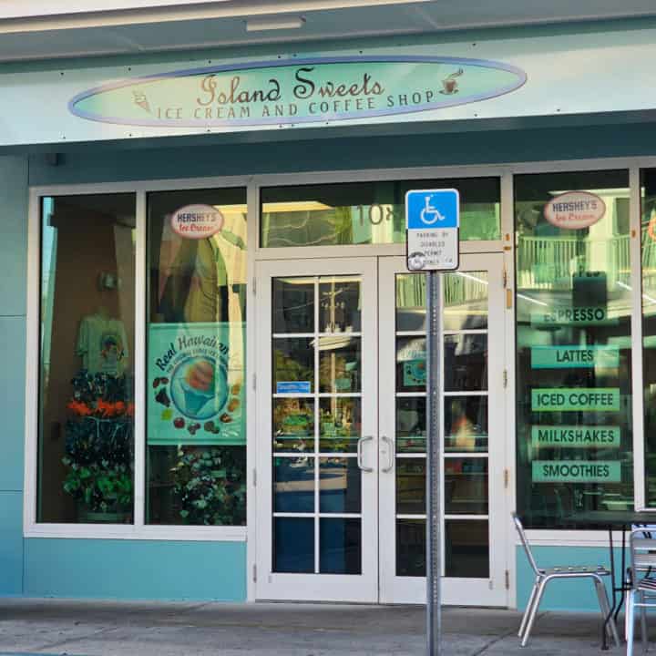 Island Sweets ice cream and coffee shop sign above glass entrance doors