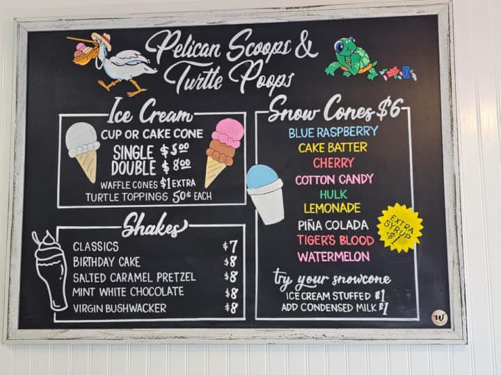 Pelican Scoops Ice Cream menu with ice cream, shakes, and snow cones