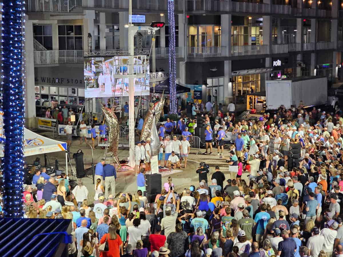 large crowd surrounding Marlin circle with a large tuna hanging for weight with people next to it