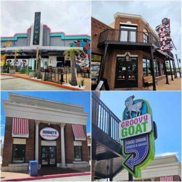 Collage of four OWA restaurant photos Cozumel Mexican Restaurant, Sushi Co., Hershey Ice Cream Parlor, and Groovy Goat