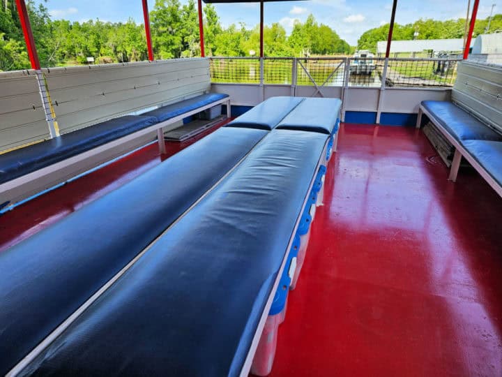 blue padded benches along a red floor on a boat looking out to the swamp