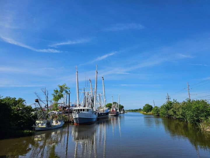 Shrimp boats in a waterway with trees along the side