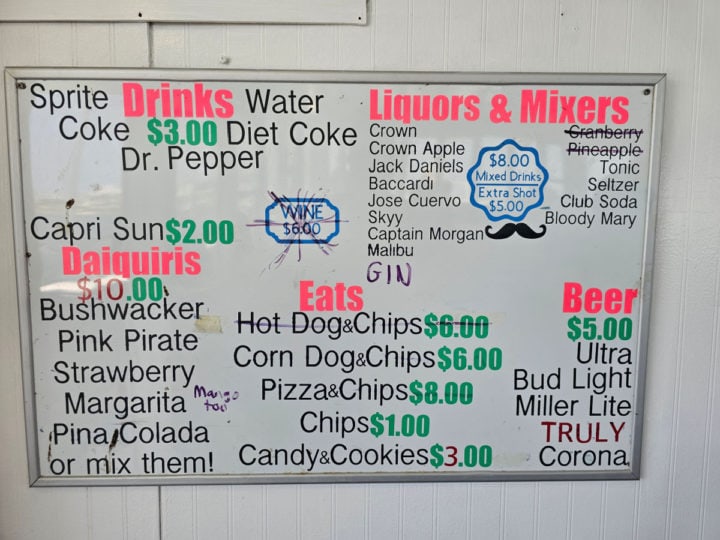 Snack bar menu with drinks, snacks, beer, and more