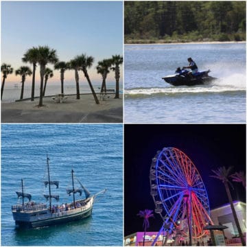 Collage of palm trees at the beach, jet ski, pirate ship, and the Wharf Ferris Wheel lit up