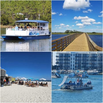 Collage of things to do in gulf shores and orange beach in June with boat tours, hiking trail, and beach time