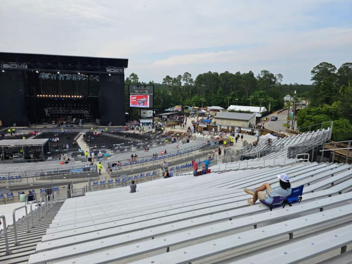 Rows of bleachers leading down to the Wharf amphitheater stage and lower level seating. 