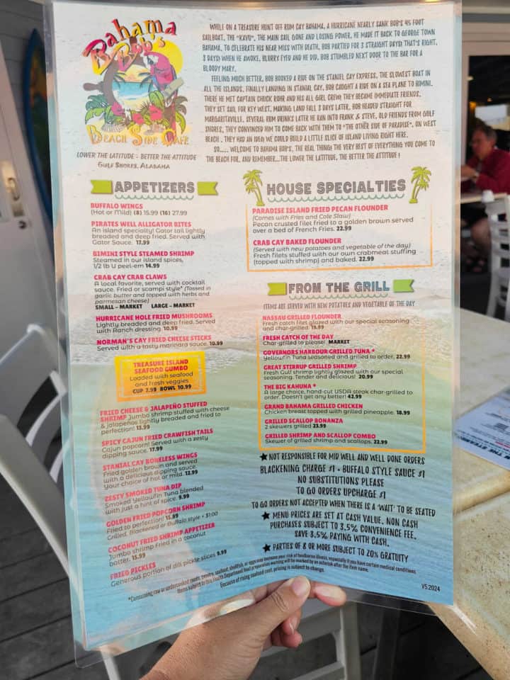 Bahama Bob's Beach Side Cafe menu with appetizers, house specialties, and from the grill. 