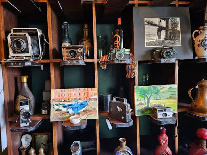 gallery area with old cameras, paintings, and art on shelves