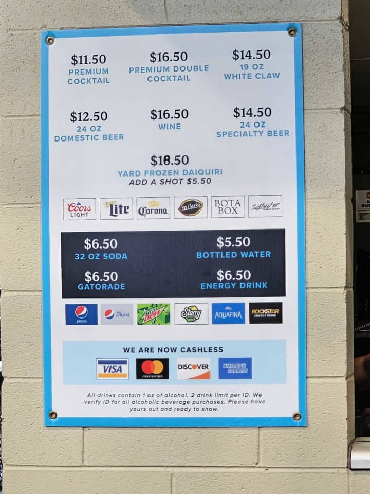 drink price chart with cocktails, soda, and beer at The Wharf Amphitheater