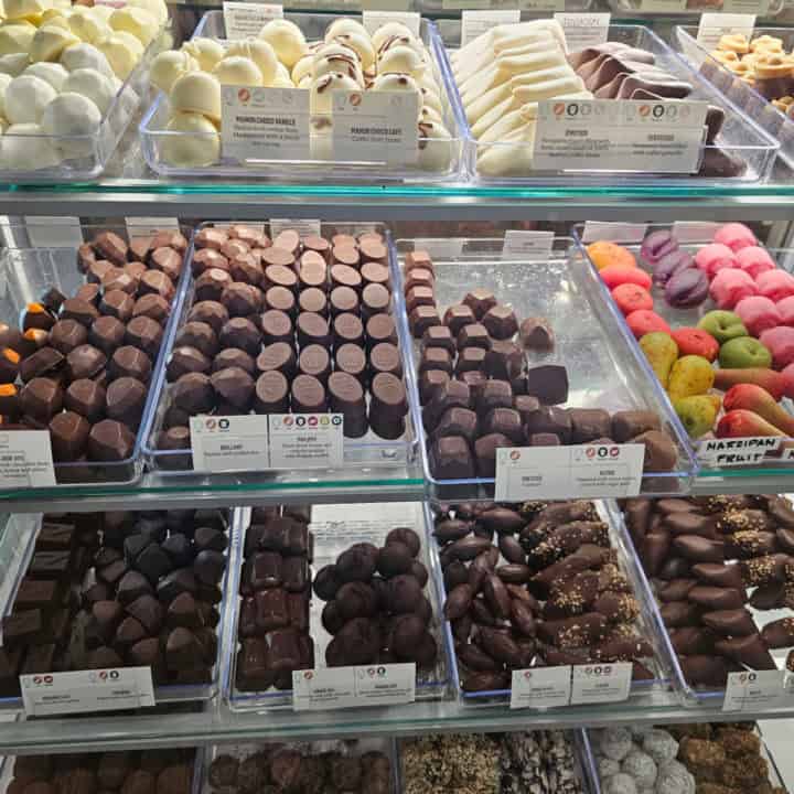gourmet chocolates on trays in a bakery case