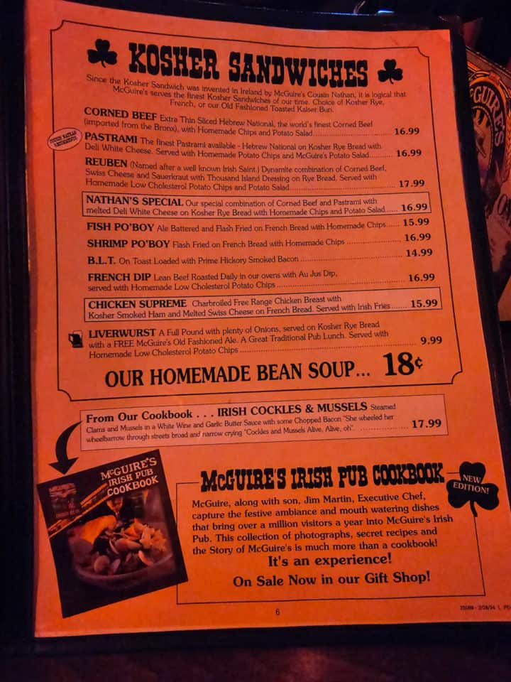 kosher sandwich menu options along with the McGuire's Irish pub cookbook info