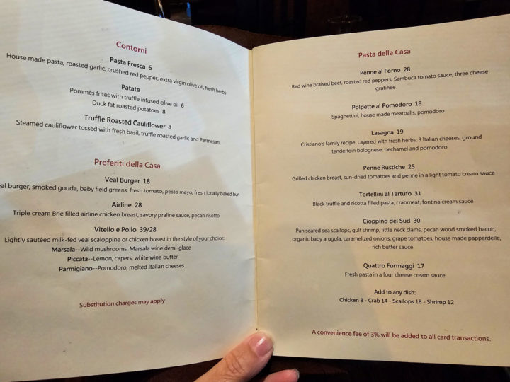 menu sheet from Cristiano ristorante 