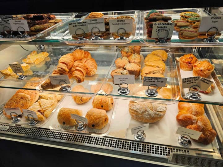 pastry case with breads, muffins and pastries 