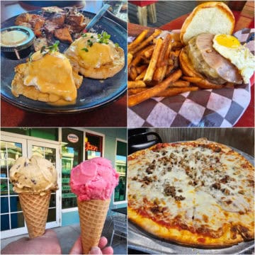 Collage of Perdido Key restaurant meals with eggs benedict, burger, ice cream cones, and a pizza