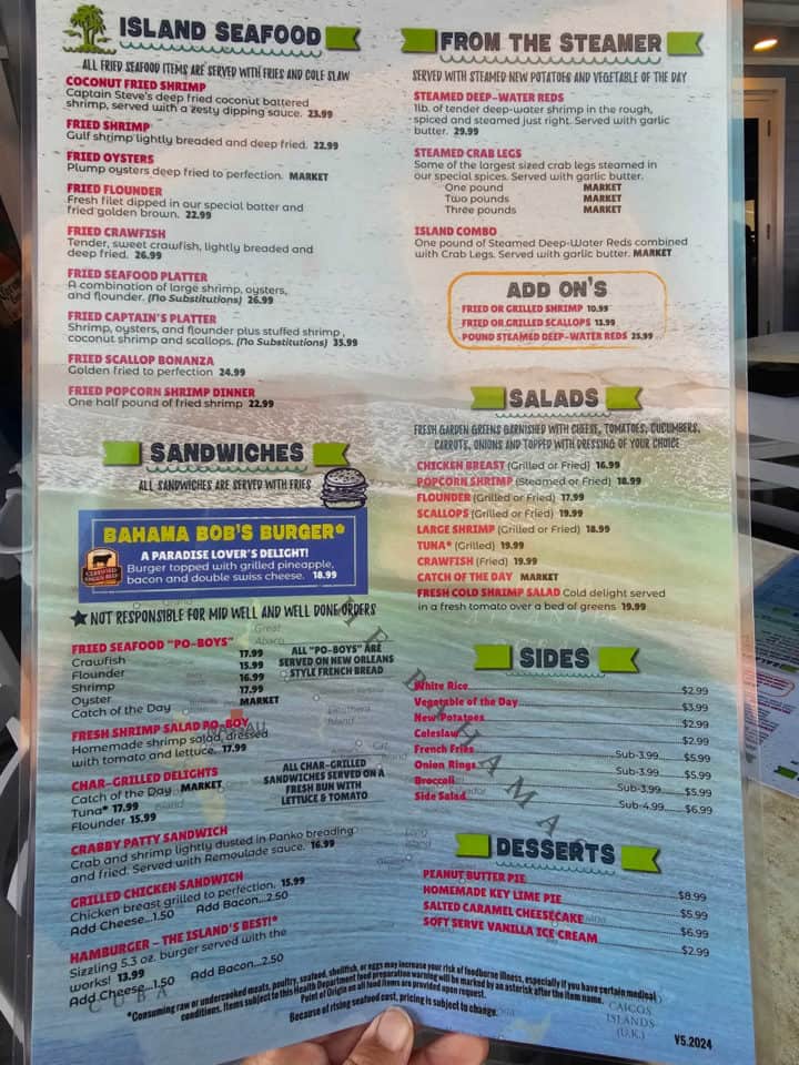 Bahama Bob's menu with burgers, sandwiches, from the steamer, salads and dessert options on it
