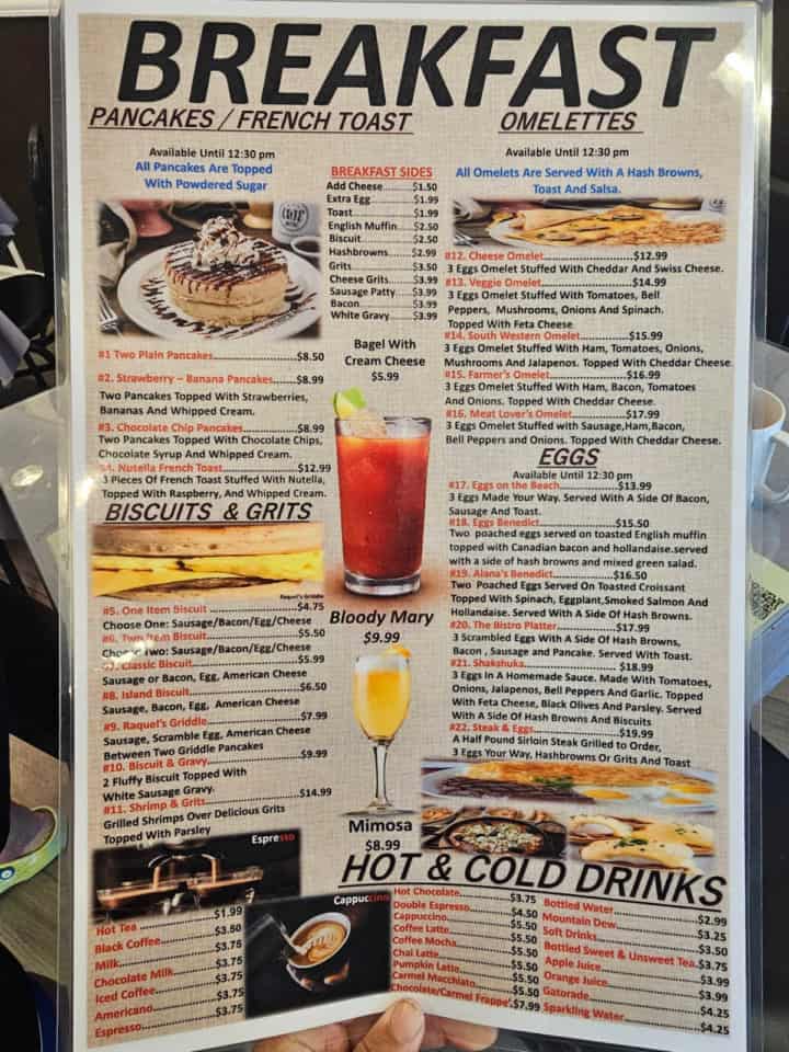 breakfast menu with food photos and menu items