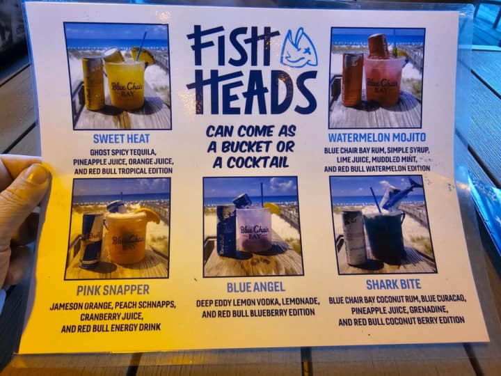 Fish Heads bucket drink menu with photos and descriptions