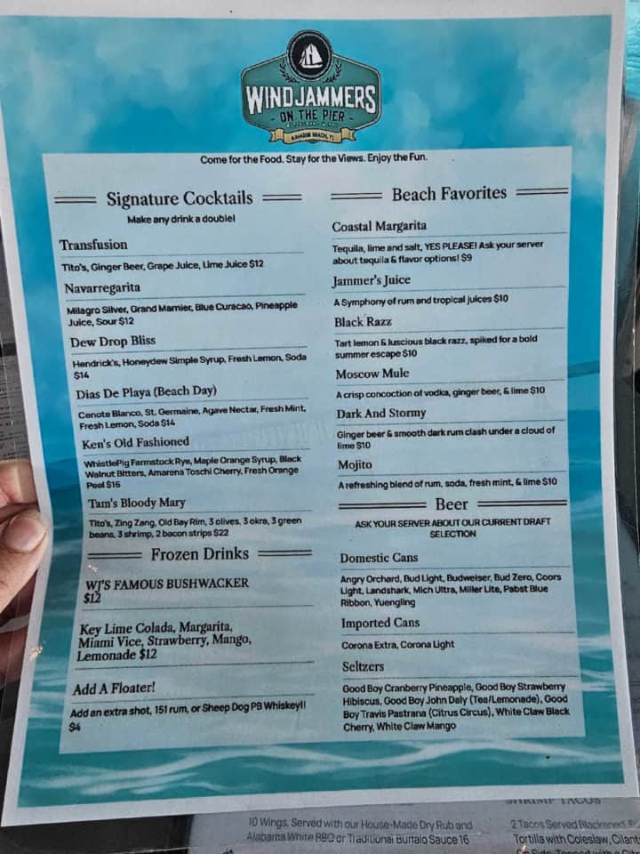 Windjammers on the Pier logo above a cocktail menu