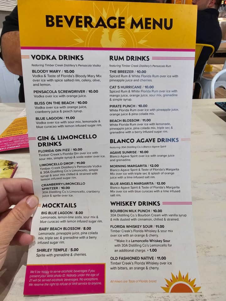 Native Cafe drink menu with cocktails and drinks