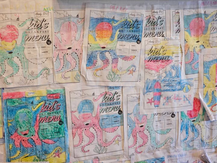 kids breakfast menus with octopus colored on them. 