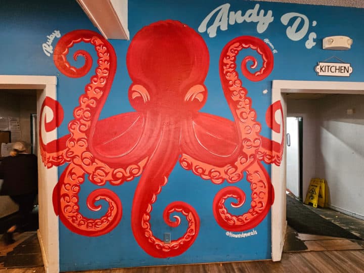 Red octopus mural on the wall with Andy D's on the side