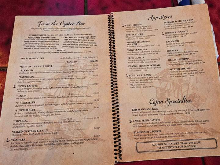 oyster bar and appetizer menu