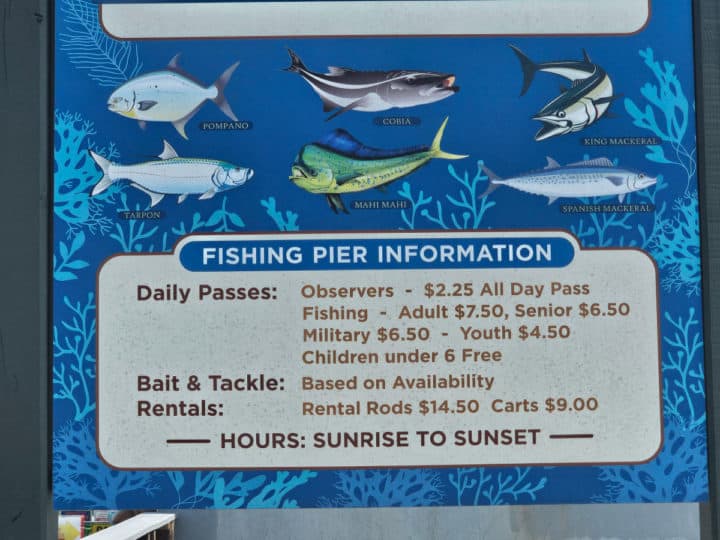 Fishing pier information with pricing and fish pictures