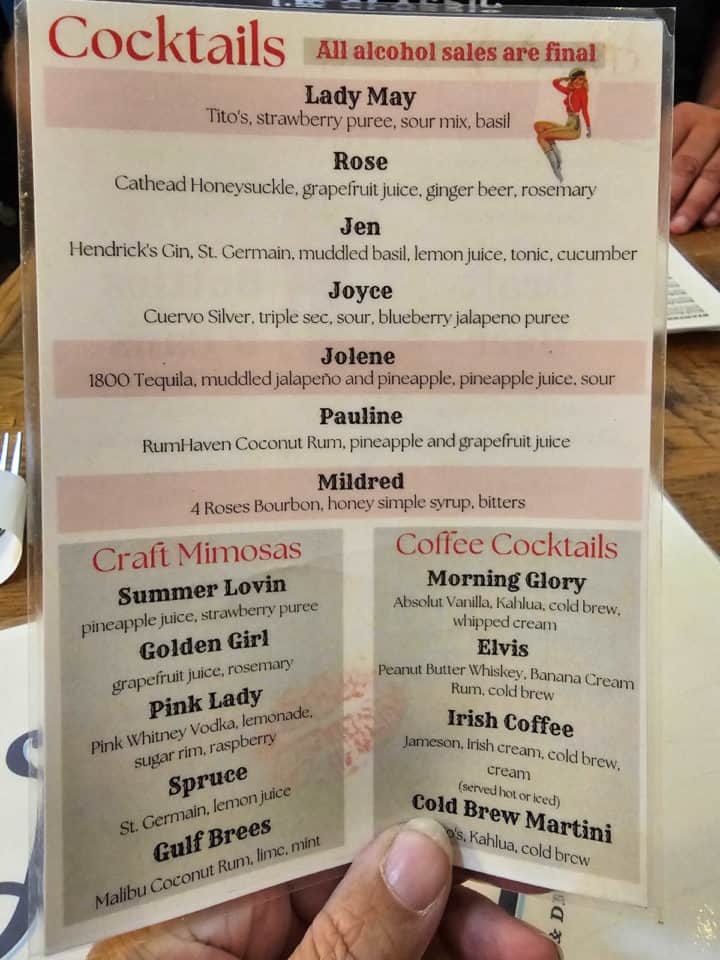 Cocktail menu with craft mimosas and coffee cocktails