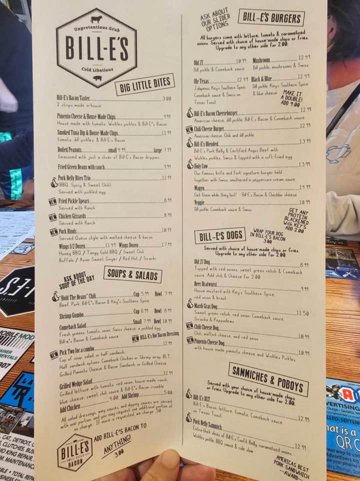 Bill E's menu with appetizers, burgers, and sandwiches