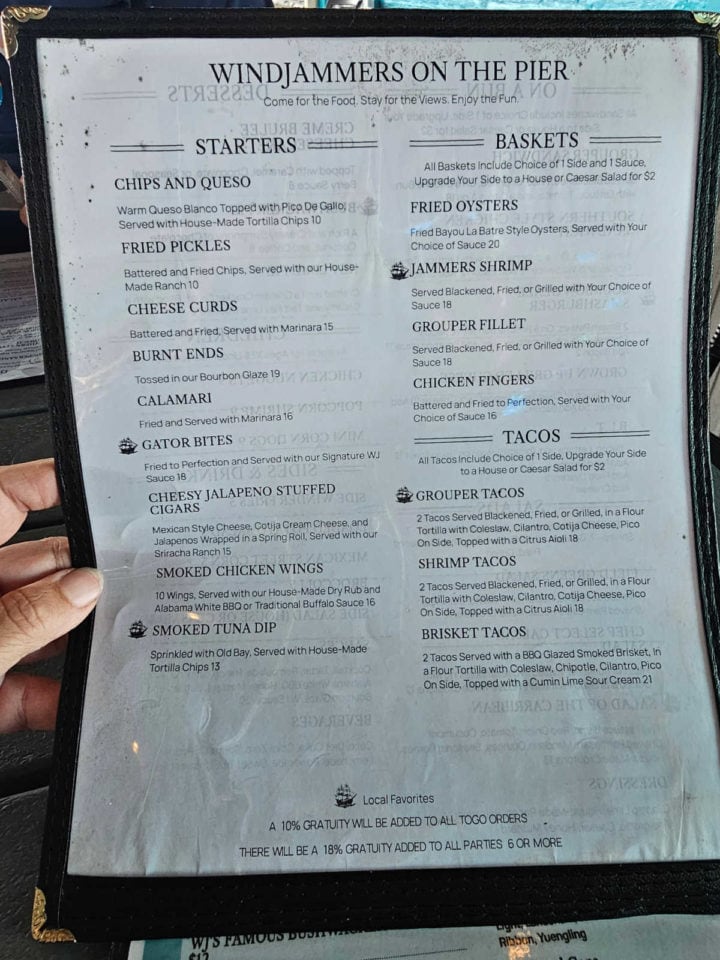Starters, baskets menu for Windjammers at the Pier