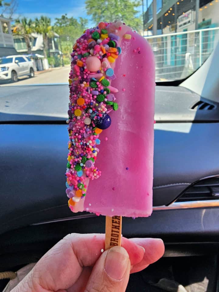 Purple popsicle with multi colored sprinkles and candy attached to half of it