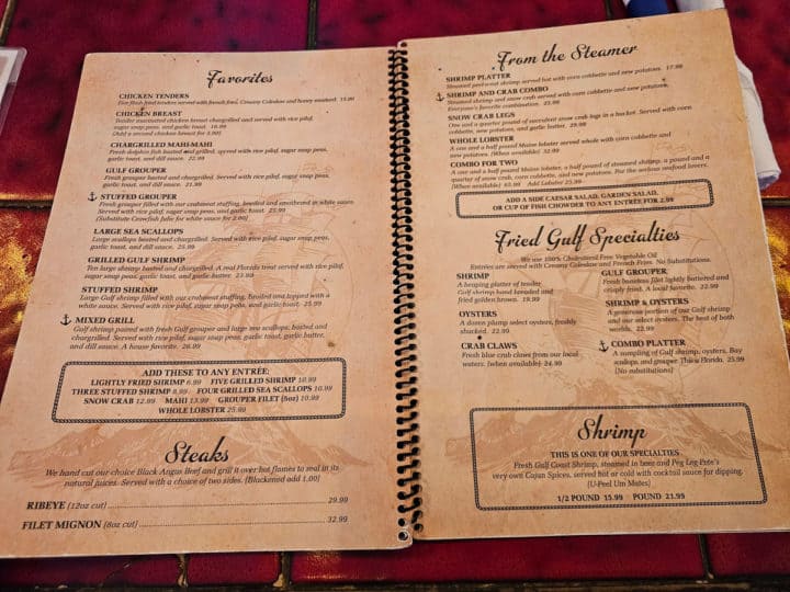 steaks and steamer menu, Peg Leg Pete's, Pensacola Beach, Florida 