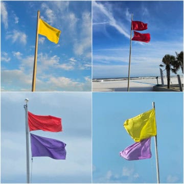 Collage of beach flags including yellow flags, double red flag, red and purple flag, yellow and purple flag