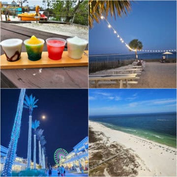 Collage of four photos with a daiquiri flight, outdoor dining with lights, palm trees and Ferris wheel lit up, and beach views