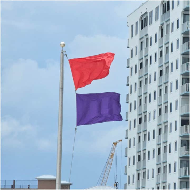 Red and purple flags on a pole near a hotel