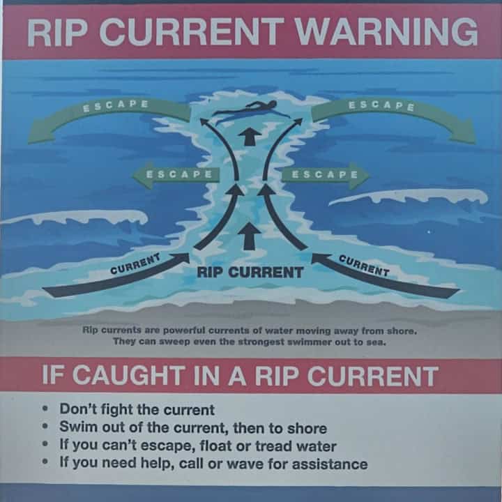 Rip Current Warning sign showing swimmer and how to escape