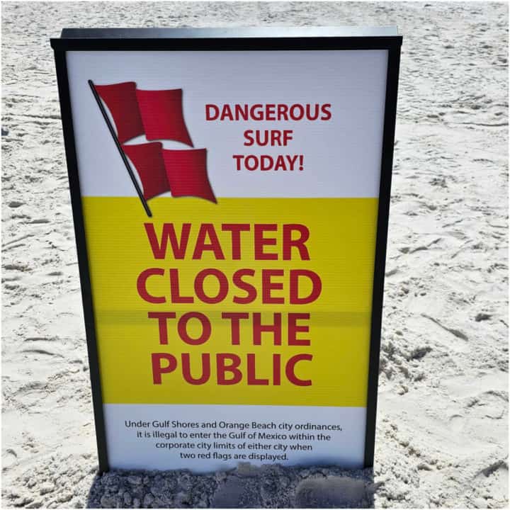 Dangerous Surf Today Water closed to public sign with double red flags