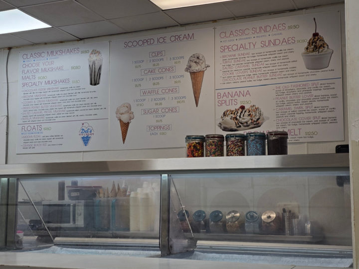 Del's Ice Cream Menu with sundaes, cones, shakes, and banana splits