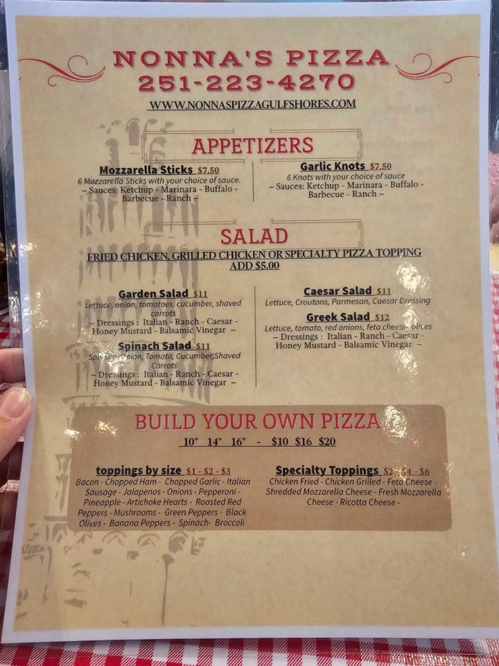 Nonna's Pizza menu with appetizers, salad, and build your own pizza options