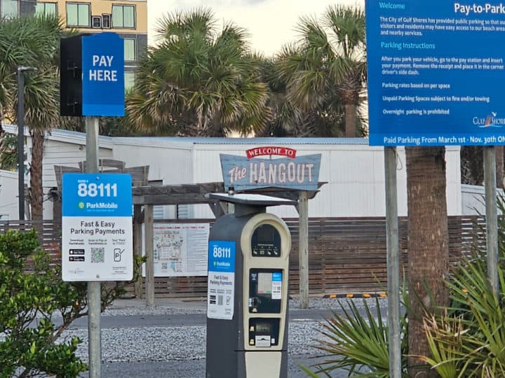 Park Mobile parking signs next to the hangout sign