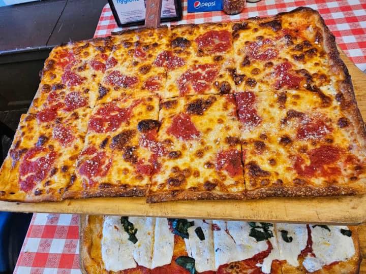 Square pizza with cheese and tomatoes on top