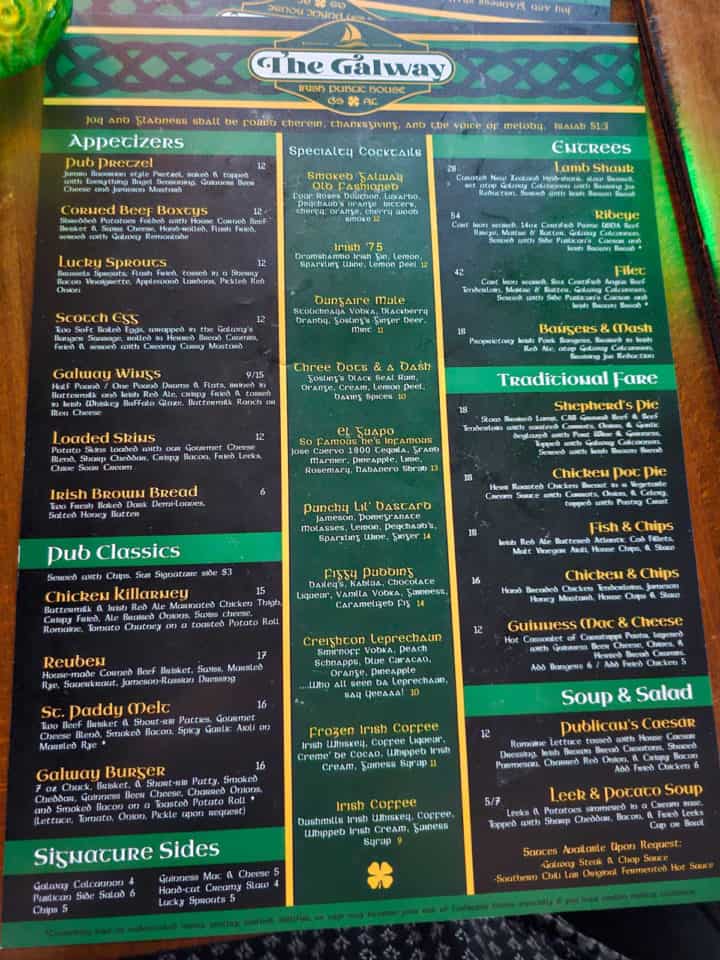 Appetizer, Entree, Cocktails and Pub Classic Menu with The Galway printed on the top