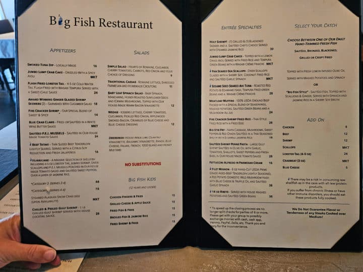 appetizer, salad, entree menu for Big Fish Restaurant