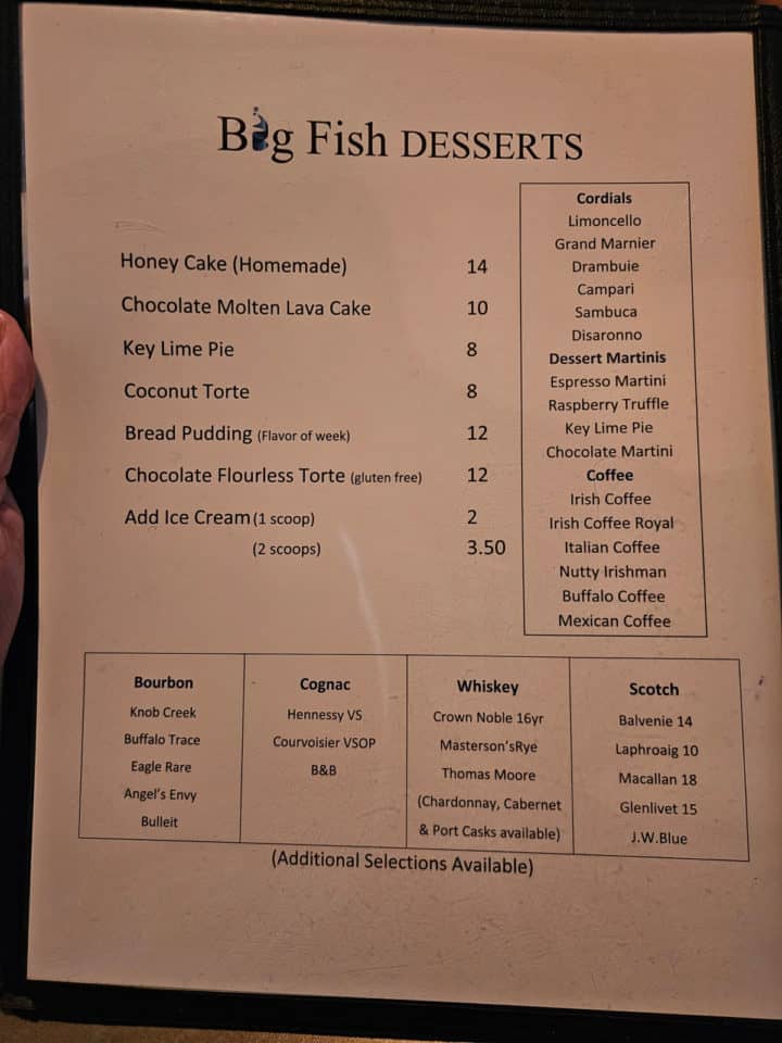 dessert menu with after dinner drink options