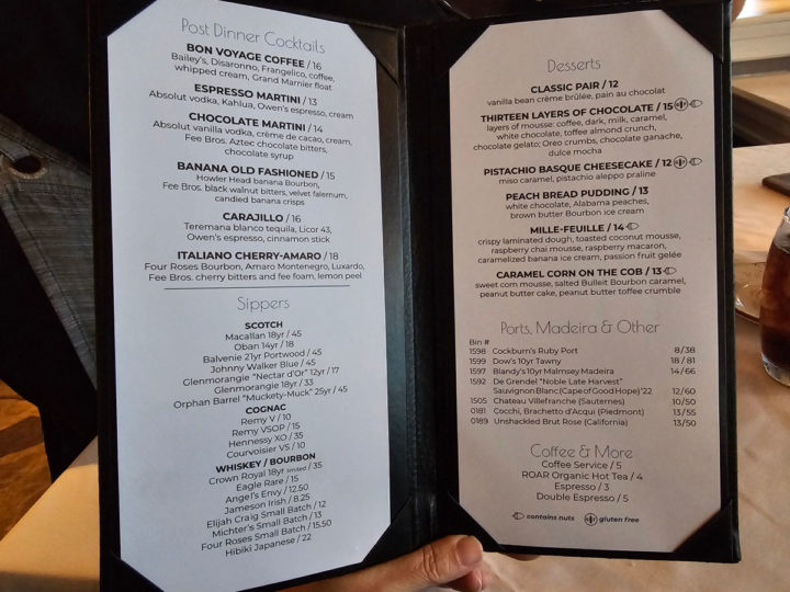 dessert and after drinks menu