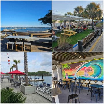 Collage of four dog friendly restaurants with outdoor seating